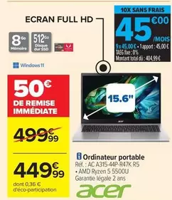 Acer - Ordinateur Portable offre à 449,99€ sur Carrefour Contact