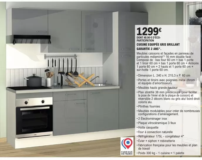 Cuisine Equipee Gris Brillant , Garantie 2 Ans offre à 1299€ sur E.Leclerc Brico