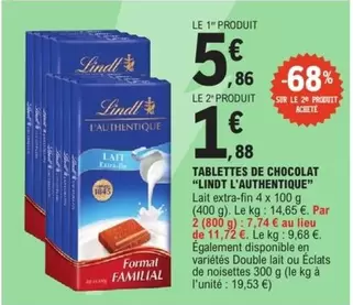 Lindt - Tablettes De Chocolat "L'Authentique" offre à 5,86€ sur E.Leclerc