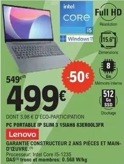 Lenovo - Garantie Constructeur 2 Ans Pièces Et Main- D'Ecuvre offre à 499€ sur E.Leclerc