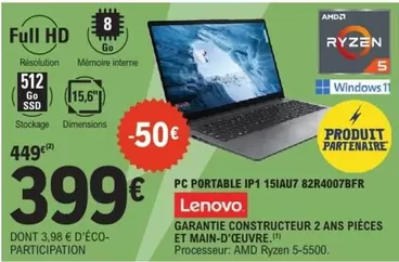 Lenovo - Pc Portable Ip 15iau7 82r4007bfr offre à 399€ sur E.Leclerc