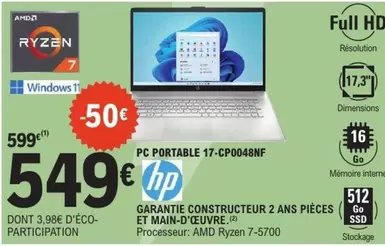 Pc Portable 17-cp0048nf offre à 549€ sur E.Leclerc