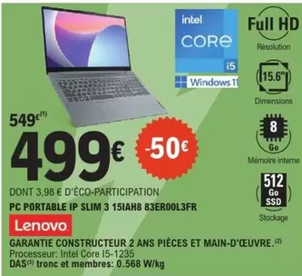 Lenovo - Pc Portable IP Slim 3 15AIH8 83EROOL3FR offre à 499€ sur E.Leclerc