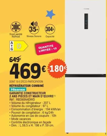 Hisense - Refrigerateur Combiné Grans E Constructeur 2 Ans Pieces Et Main D'écuvre offre à 469€ sur E.Leclerc