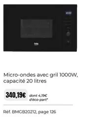 Beko - Micro-Ondes Avec Gril 1000w Capacité 20 Litres offre à 340,19€ sur SoCoo'c