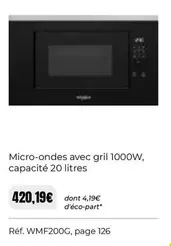 Whirlpool - Micro-Ondes Avec Gril 1000W offre à 420,19€ sur SoCoo'c