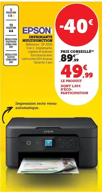 Epson - Imprimante Multifonction XP-3200 offre à 49,99€ sur Hyper U