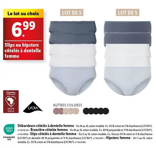 Lycra - Slips Ou Hipsters Côtelés À Dentelle Femme offre à 6,99€ sur Lidl