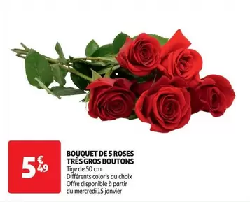 Bouquet De 5 Roses Très Gros Boutons offre à 5,49€ sur Auchan Hypermarché