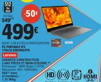 Lenovo - PC Portable IP3 17ALC6 82KV00LPFR offre à 499€ sur E.Leclerc