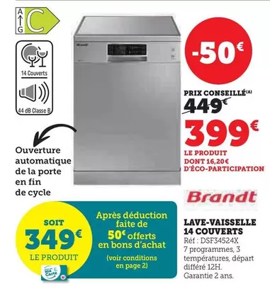 Brandt - Lave-vaisselle 14 Couverts offre à 399€ sur Hyper U