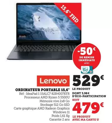 Lenovo - Ordinateur Portable 15,6" offre à 529€ sur Hyper U