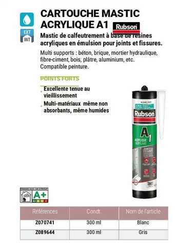 Rubson - Cartouche Mastic Acrylique A1 offre sur Zolpan