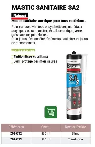 Rubson - Mastic Sanitaire Sa2 offre sur Zolpan