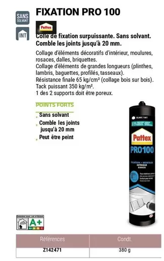 Pattex - Fixation Pro 100 offre sur Zolpan