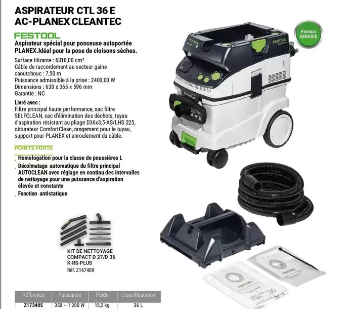 Festool - Aspirateur CTL 36 E Ac-Planex Cleantec offre sur Zolpan