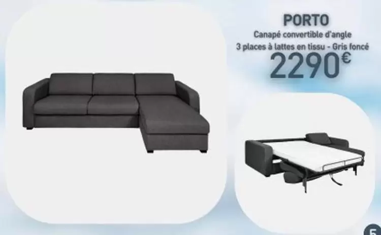 Porto Canapé Convertible D'Angle 3 Places À Lattes En tissu-Gris Foncé offre à 2290€ sur Habitat