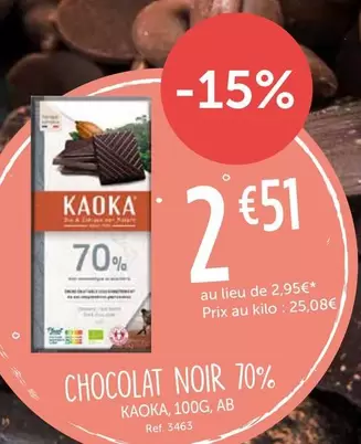 Kaoka - Chocolat Noir 70% 100g offre à 2,51€ sur L'Eau Vive