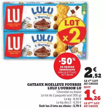 Lu - Gateaux Moelleux Fourres Lulu L'Ourson offre à 2,52€ sur U Express