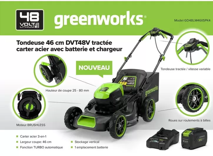 Greenworks - Tondeuse DVT48V Tractée Carter Avec Batterie Et Chargeur offre sur Point Vert