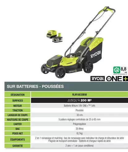 Ryobi - Sur Batterie Poussées RLM18X33850 offre sur Point Vert