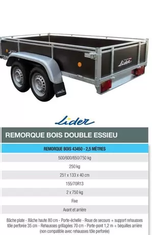 Lider - Remorque Bois Double Essieu offre sur Point Vert