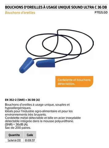 Bouchons D'Oreilles À Usage Unique Sound Ultra C 36 Db offre sur Prolians