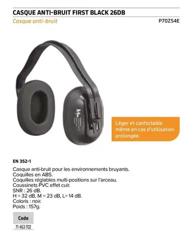 Casque Anti Bruit First Black 26Db offre sur Prolians