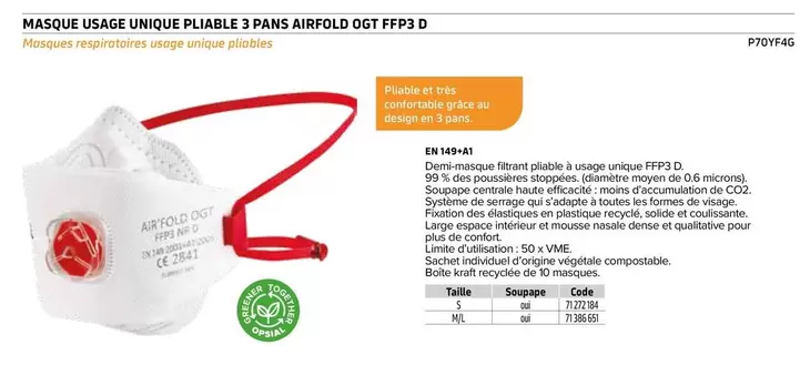 Masque Usage Unique Pliable 3 Pans Airfold Ogt Ffp3 D offre sur Prolians