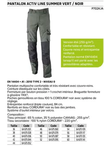 Pantalon Activ Line Summer Vert/Noir offre sur Prolians