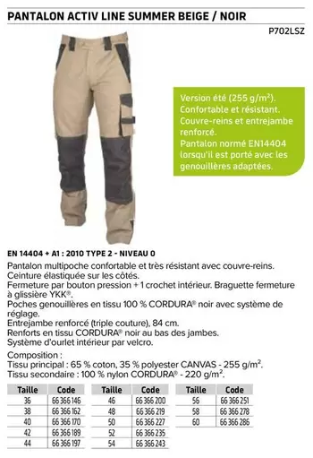 Pantalon Activ Line Summer Beige/Noir offre sur Prolians