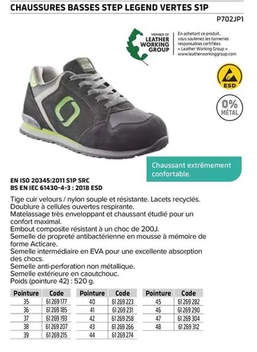 Chaussures Basses Step Legend Vertes S1P offre sur Prolians