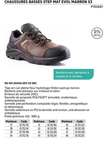 Chaussures Basses Step Mat Evol Marron S3 offre sur Prolians