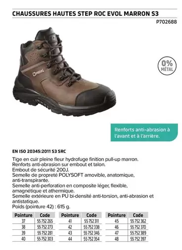 Chaussures Hautes Step Roc Evol Marron S3 offre sur Prolians