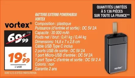 Vortex - Batterie Externe Powerniub30 offre à 19,99€ sur Netto