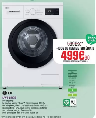 LG - Lave Linge F94N15WHS  offre à 499,9€ sur Extra