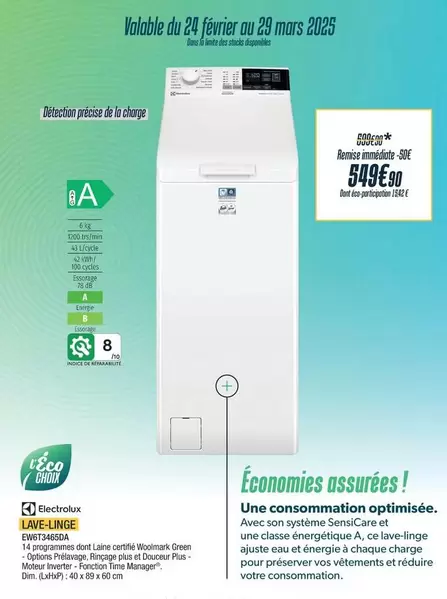 Electrolux - Lave Linge EW6T3465DA offre à 549,9€ sur Proxi Confort