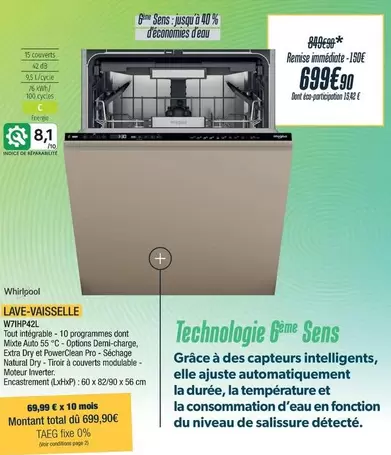 Whirlpool - Lave Vaisselle W7IHP42L offre à 699,9€ sur Proxi Confort