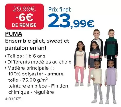 Puma - Ensemble Gilet, Sweat Et Pantalon Enfant offre à 23,99€ sur Costco