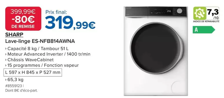 Sharp - Lave-Linge ES-NFB814AWNA offre à 319,99€ sur Costco