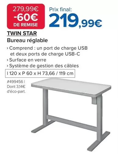 Twin Star - Bureau Réglable offre à 219,99€ sur Costco