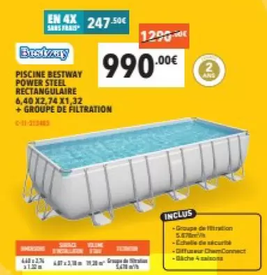 Bestway - Piscine Power Steel Rectangulaire 6,40 X2,74 X1,32 + Groupe De Filtration offre à 990€ sur Cash Piscines