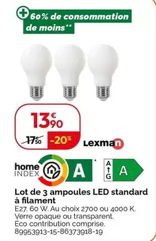 Lexman - Lot De 3 Ampoules LED Standard À Filament offre à 13,9€ sur Weldom