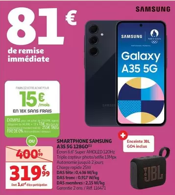 Samsung - Smartphone A35 5G 128Go offre à 319,99€ sur Auchan Hypermarché