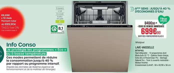 Whirlpool - Lave Vaisselle W7IHP42L offre à 699,9€ sur Extra