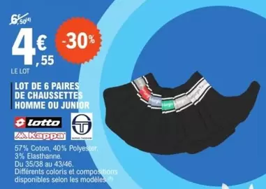 Kappa - Lot De 6 Paires De Chaussettes Homme Ou Junior offre à 4,55€ sur E.Leclerc