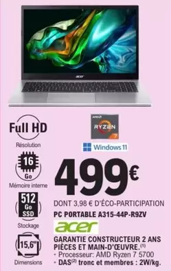 Acer - Garanti Constructeur 2 Ans Pièces Et Main D'eure offre à 499€ sur E.Leclerc