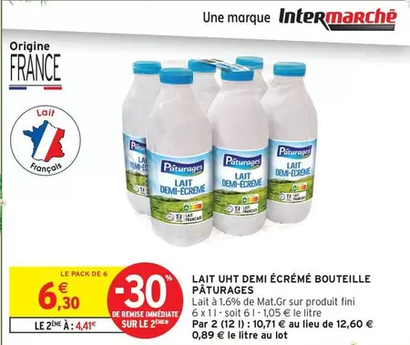 Paturages - Lait UHT Demi Écrémé Bouteille offre à 6,3€ sur Intermarché Express