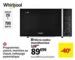 Whirlpool - Micro-ondes Monofonction offre à 89,99€ sur Conforama