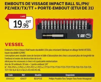 Vessel - Embouts De Vissage Impact Ball  SL/PH/ PZ/HEX/TX/TT + Porte-Embout offre à 19,95€ sur DomPro